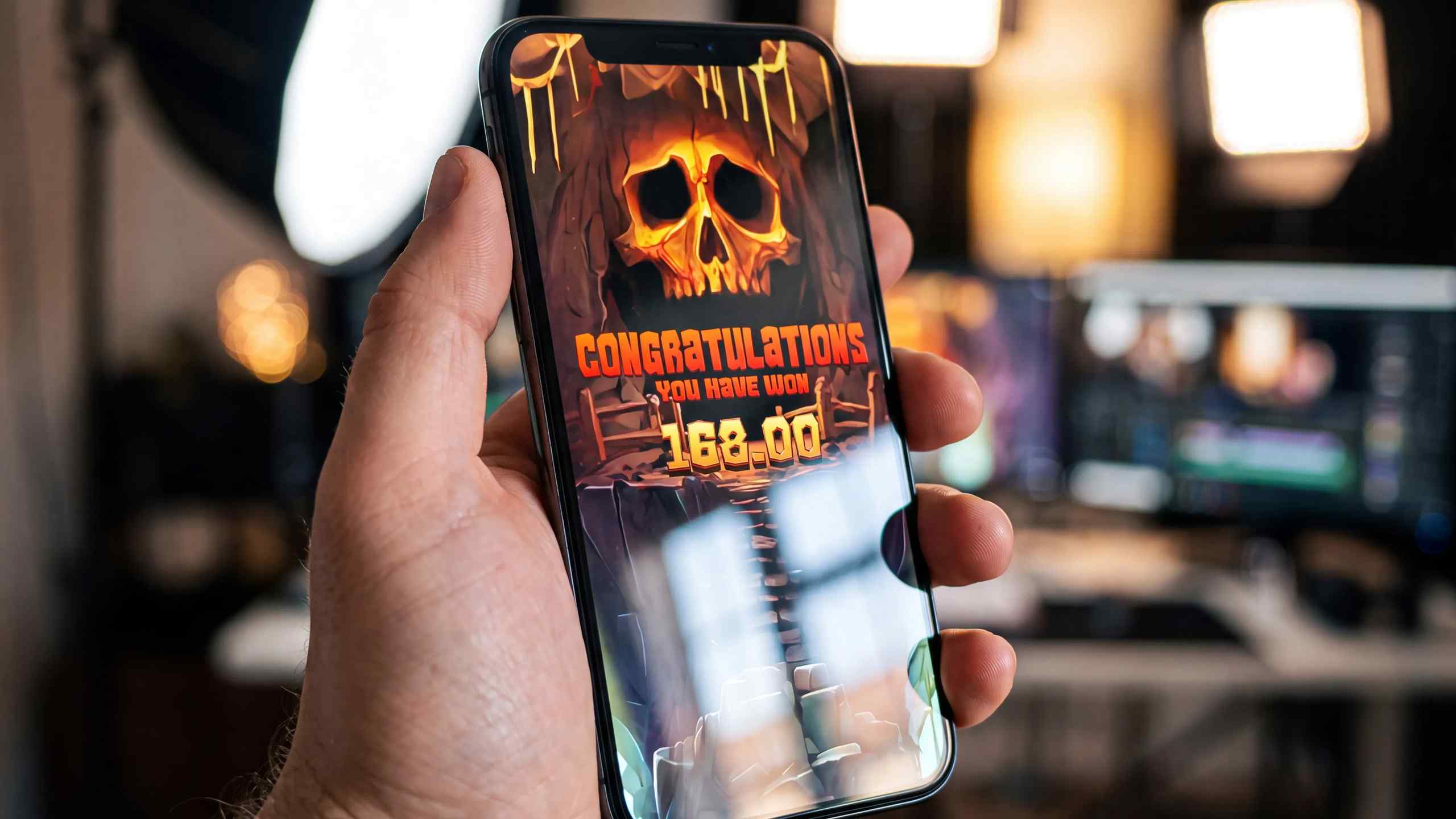 A man holding a smartphone displaying the Goonies slot game.